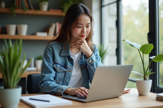 Jeune femme en bureau créant une pub sur son laptop