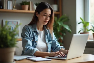 Jeune femme concentrée travaillant sur son ordinateur dans un bureau cosy