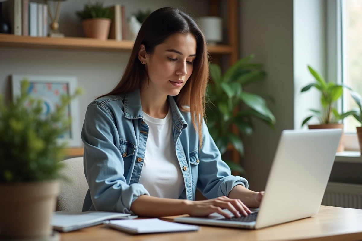 Jeune femme concentrée travaillant sur son ordinateur dans un bureau cosy