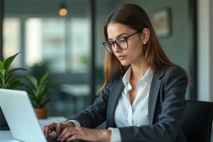 Jeune femme au bureau naviguant sur une plateforme de recrutement