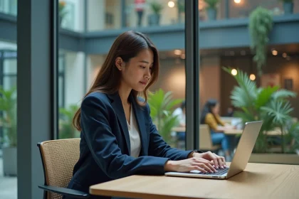 Jeune femme en coworking avec blazer navy et ordinateur