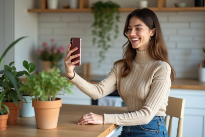 Jeune femme filmant pour ses réseaux sociaux dans sa cuisine