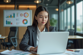 Jeune femme en business analyse des graphiques marketing