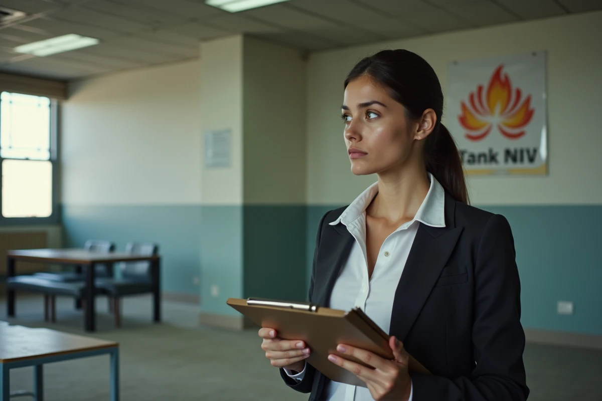 Jeune femme professionnelle observant un bureau délabré et vide