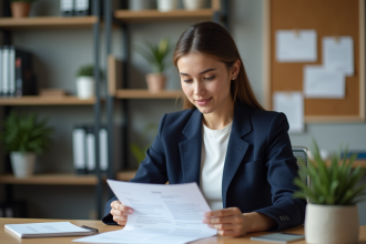 Jeune femme en bureau lisant son CV avec concentration