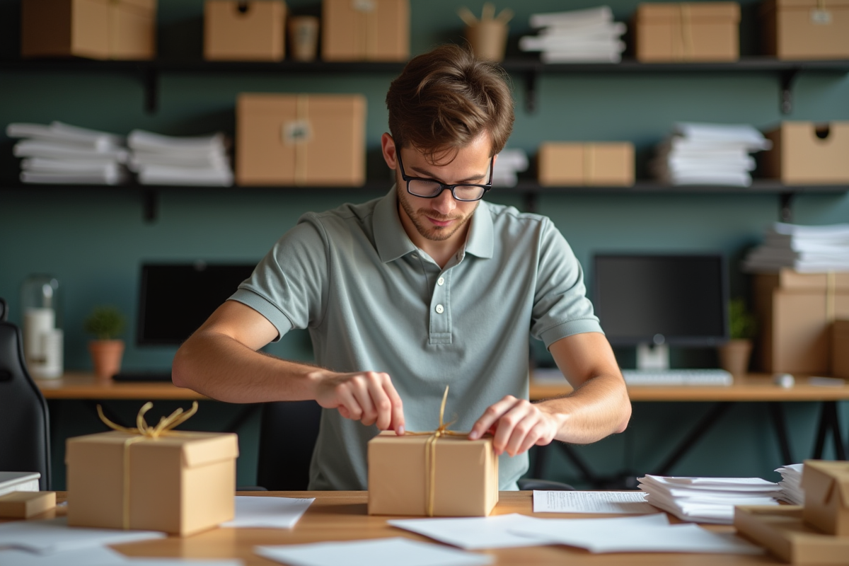 Jeune homme assemblant des boîtes cadeaux dans un bureau