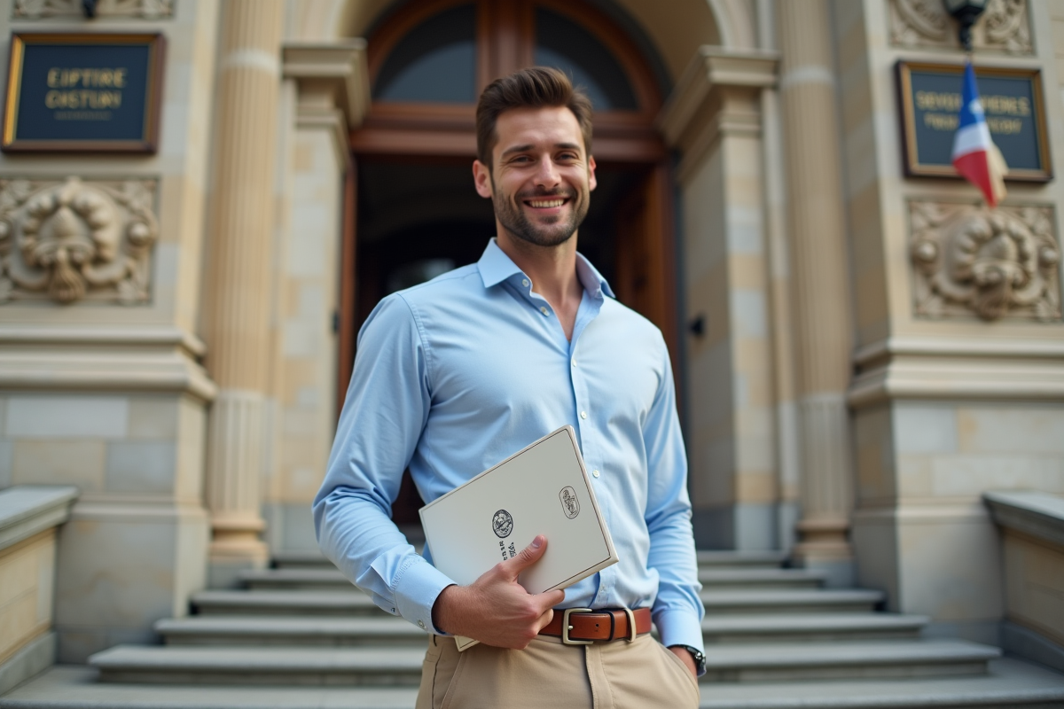 Jeune homme devant bâtiment officiel français avec dossier