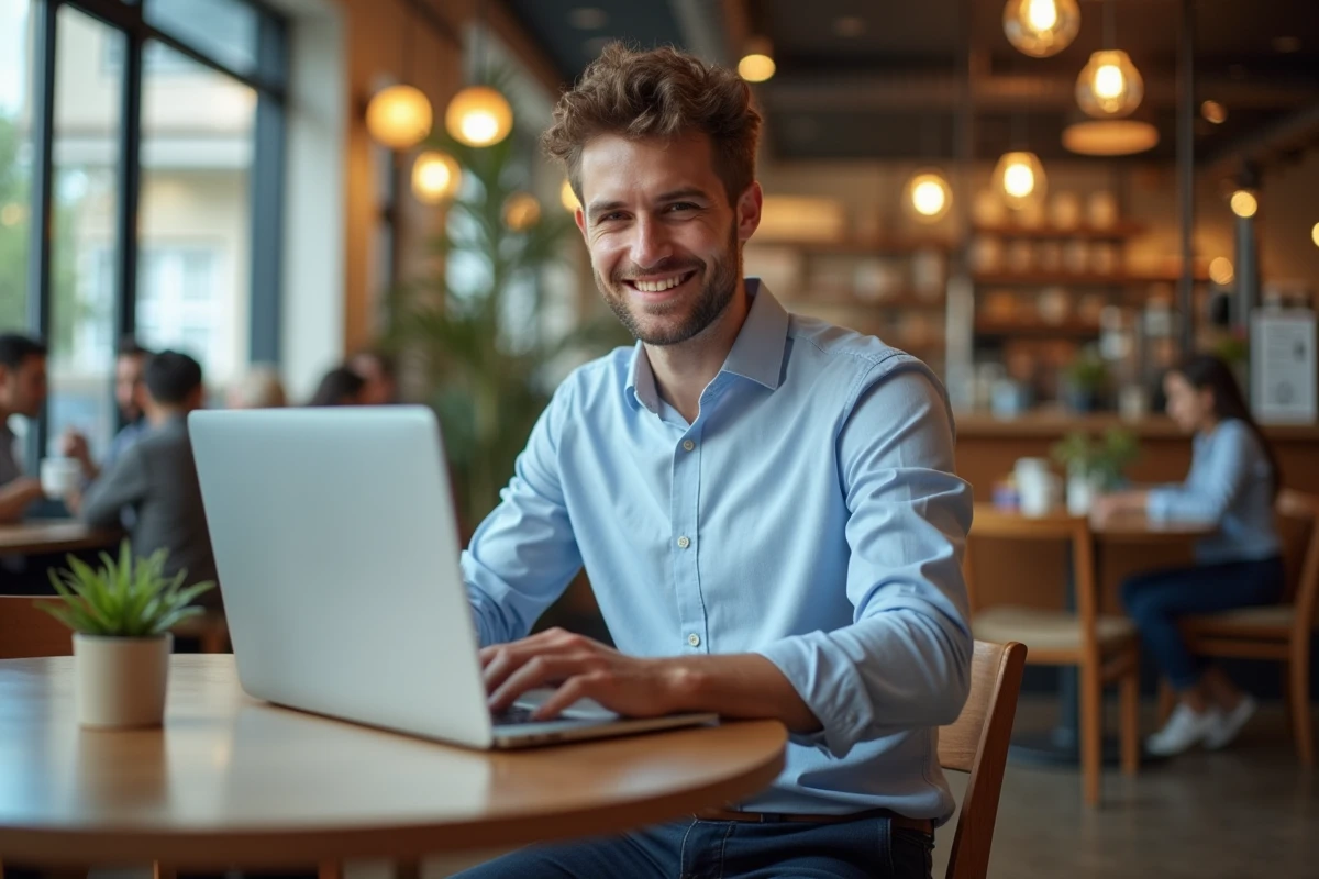 Jeune homme au café travaillant sur son ordinateur