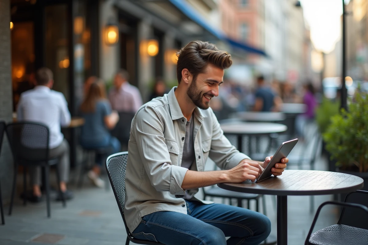 Jeune homme travaillant sur une tablette dans un café urbain
