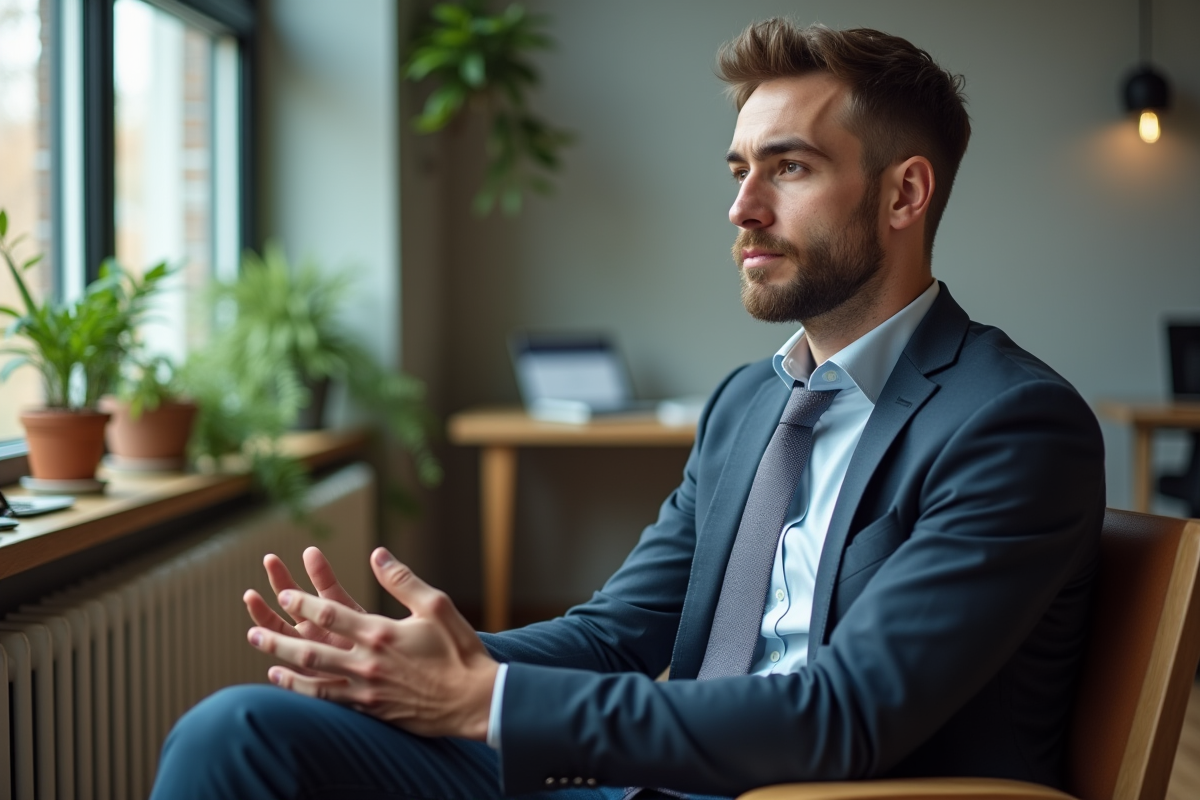 Jeune homme en discussion dans un bureau ouvert