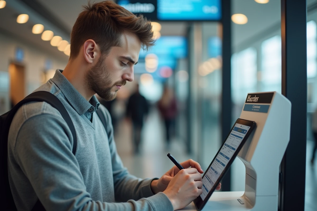 Jeune homme utilisant une tablette dans un kiosque de service