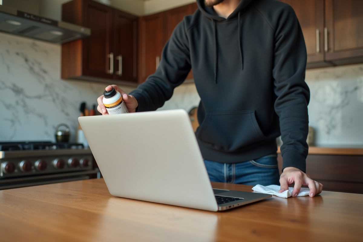 Jeune homme nettoyant un ordinateur portable dans une cuisine chaleureuse