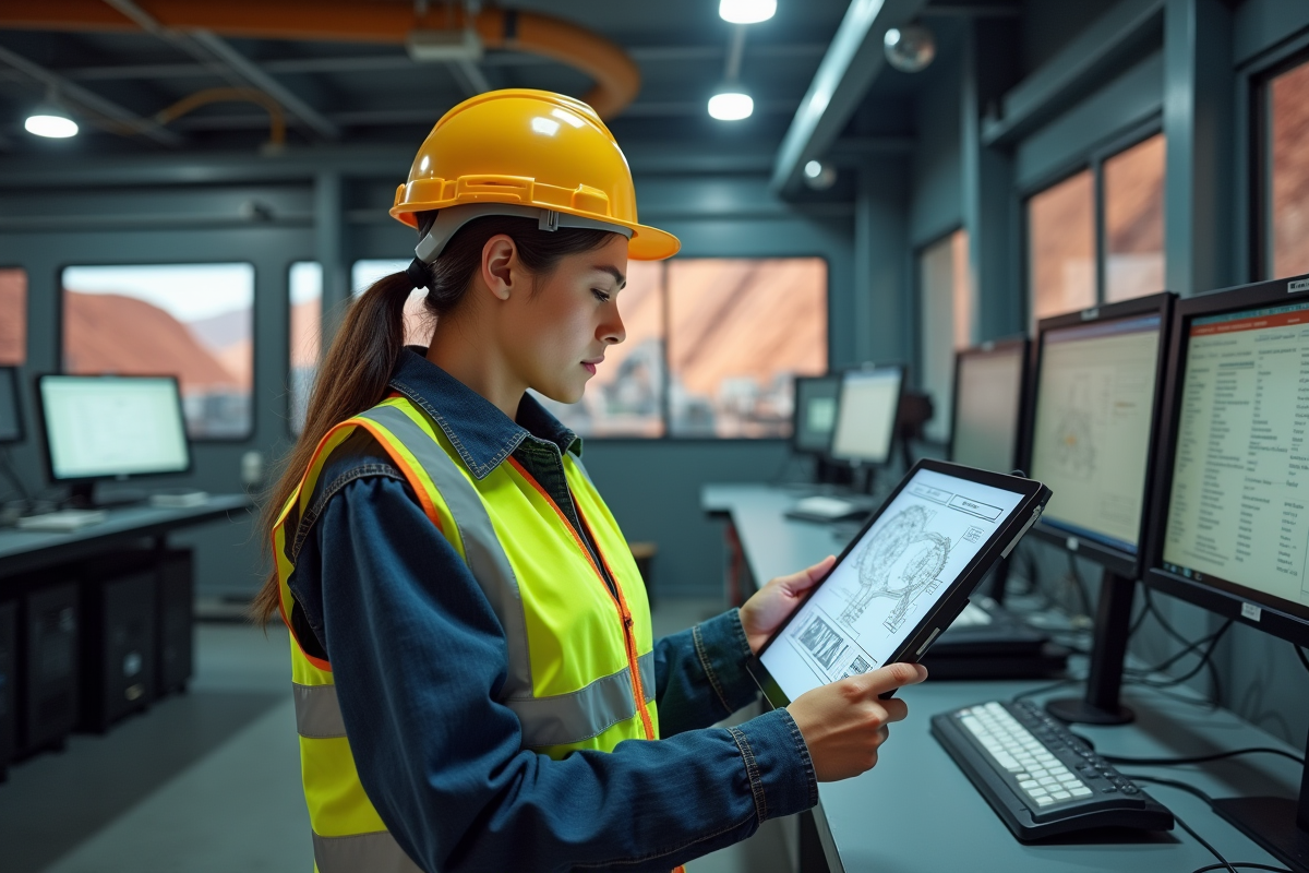 Jeune ingénieure examinant des plans numériques dans une salle de contrôle