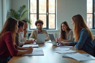 Jeunes adultes collaborant autour d'une table moderne