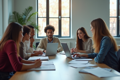 Jeunes adultes collaborant autour d'une table moderne