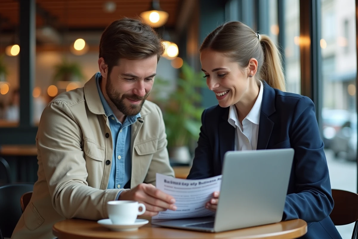 Deux jeunes entrepreneurs collaborant autour d'un guide de création d'entreprise et d'un site d'aide dans un café urbain
