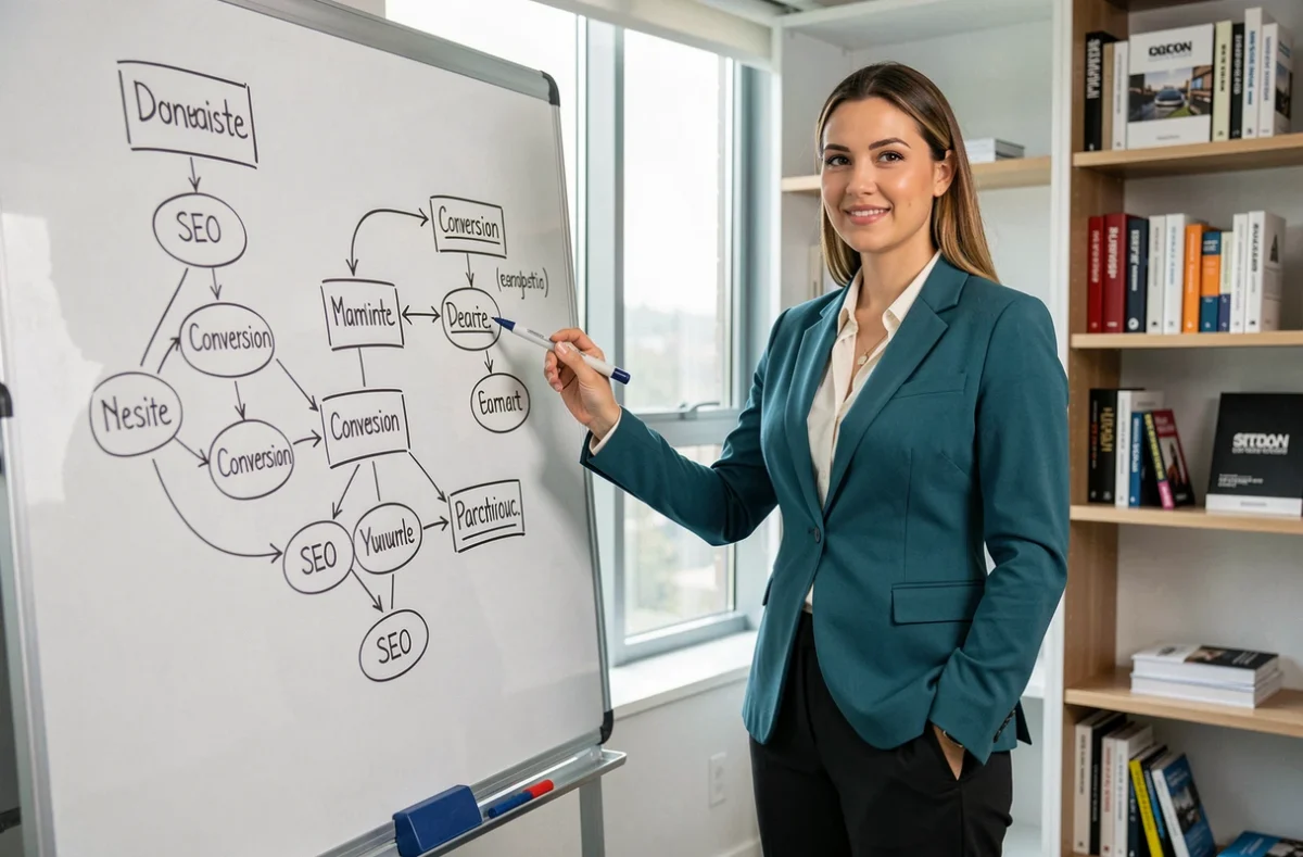 Responsable SEO de l'agence Koredge devant un tableau blanc avec architecture de site et entonnoir de conversion