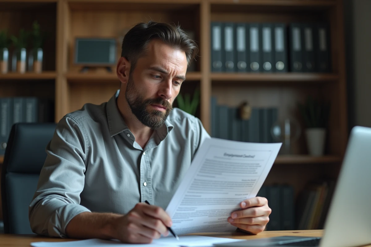 Homme étudiant attentivement un contrat CDD pour préparer une négociation d'indemnité de rupture amiable depuis son bureau à domicile