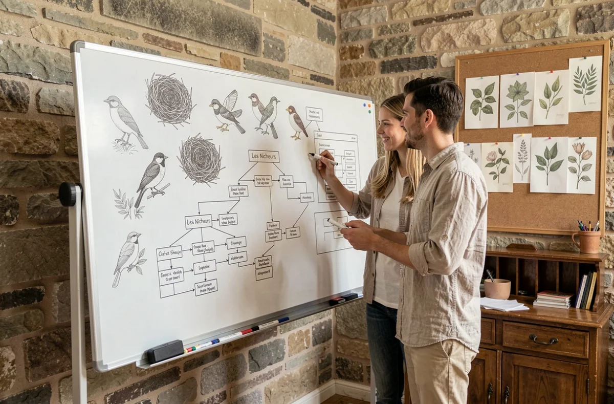 Deux créatifs de l'agence Les Nicheurs collaborant sur un tableau blanc avec des schémas de flux web et des croquis d'oiseaux
