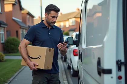 Livreur Amazon indépendant consultant son smartphone devant un fourgon blanc dans une rue résidentielle