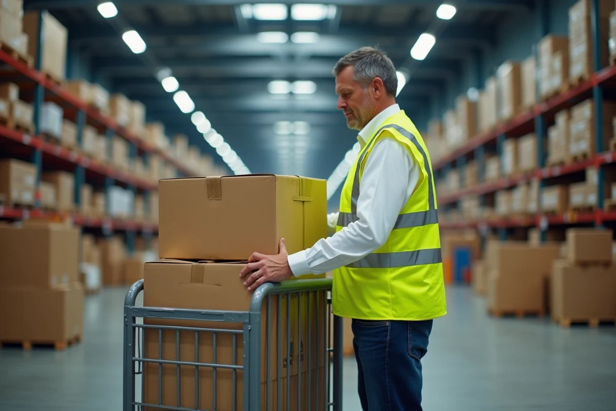 Livreur indépendant en gilet jaune organisant des colis dans un entrepôt Amazon