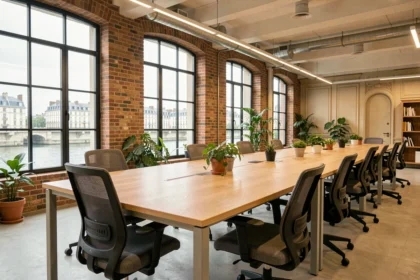 Espace de bureaux modernes en open space à Rouen avec vue sur la Seine, idéal pour illustrer la location de bureaux professionnels