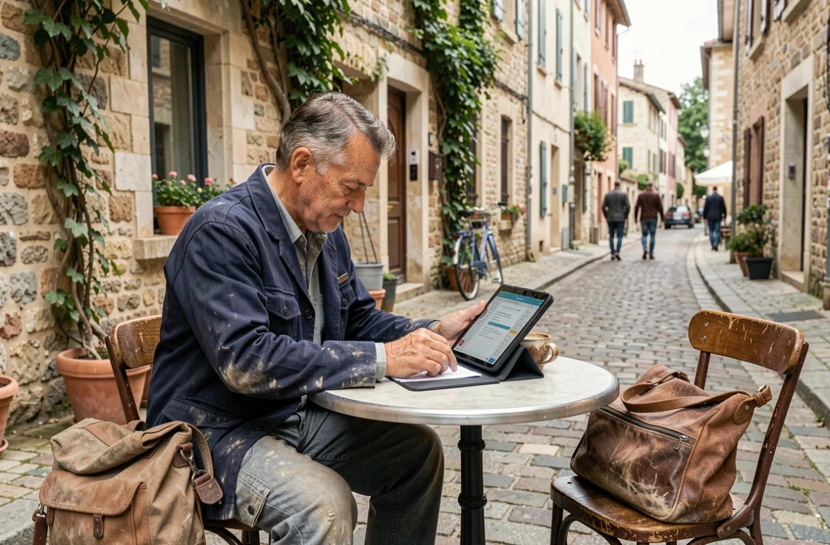Artisan maçon s'inscrivant sur une plateforme numérique pour artisans depuis une terrasse de café dans un village français
