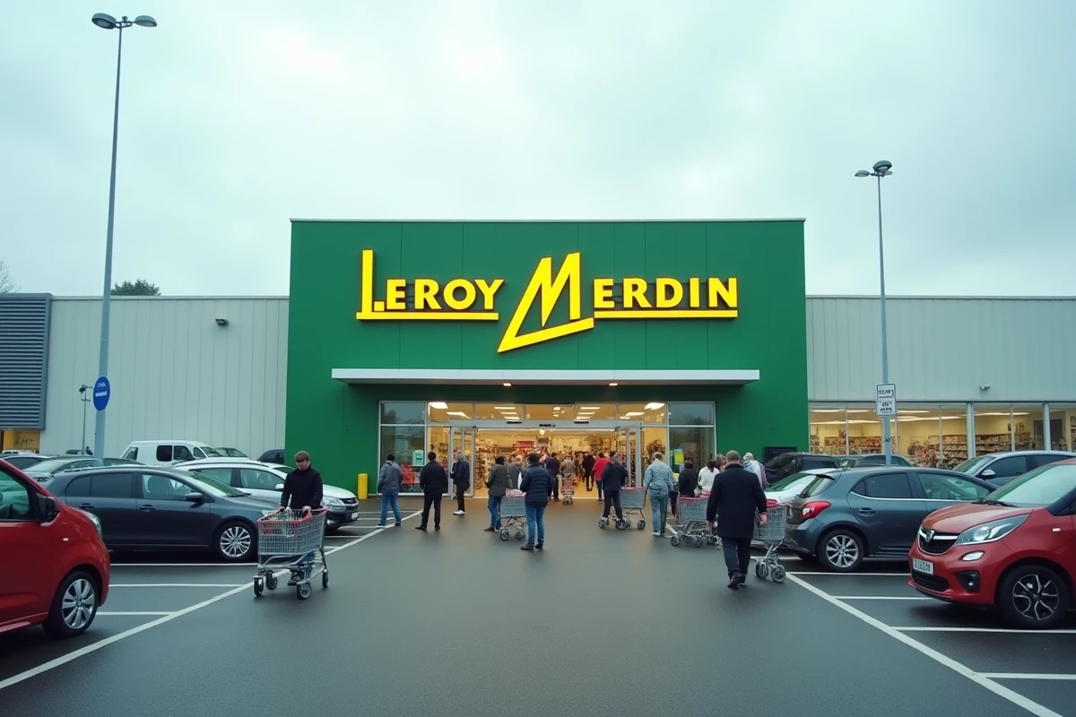 Façade d'un magasin Leroy Merlin contemporain avec clients et parking, architecture grande surface française