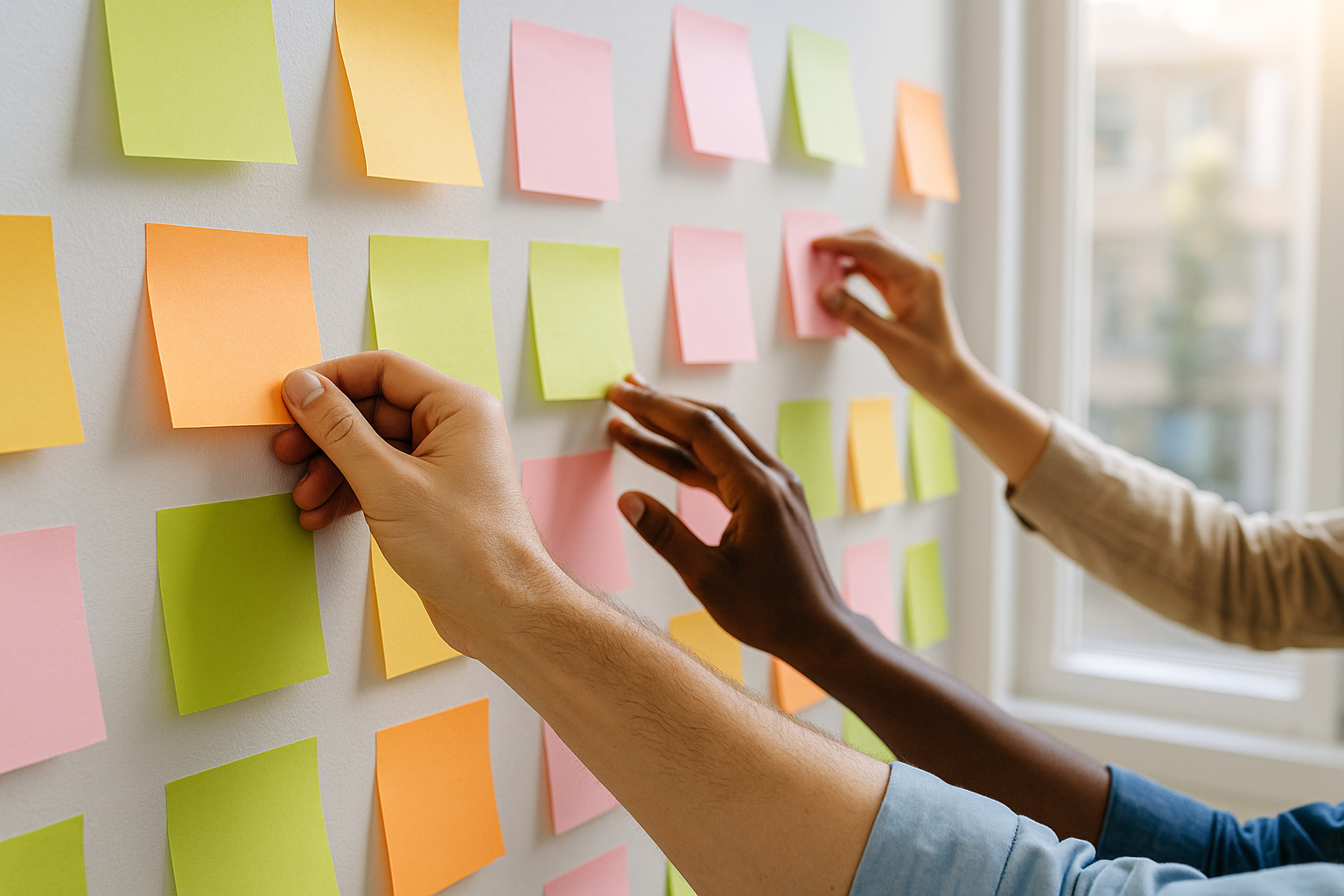 Mains de plusieurs personnes collant des notes colorées sur un mur