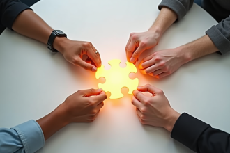 Quatre mains tenant des pièces de puzzle lumineuses symbolisant l'unité