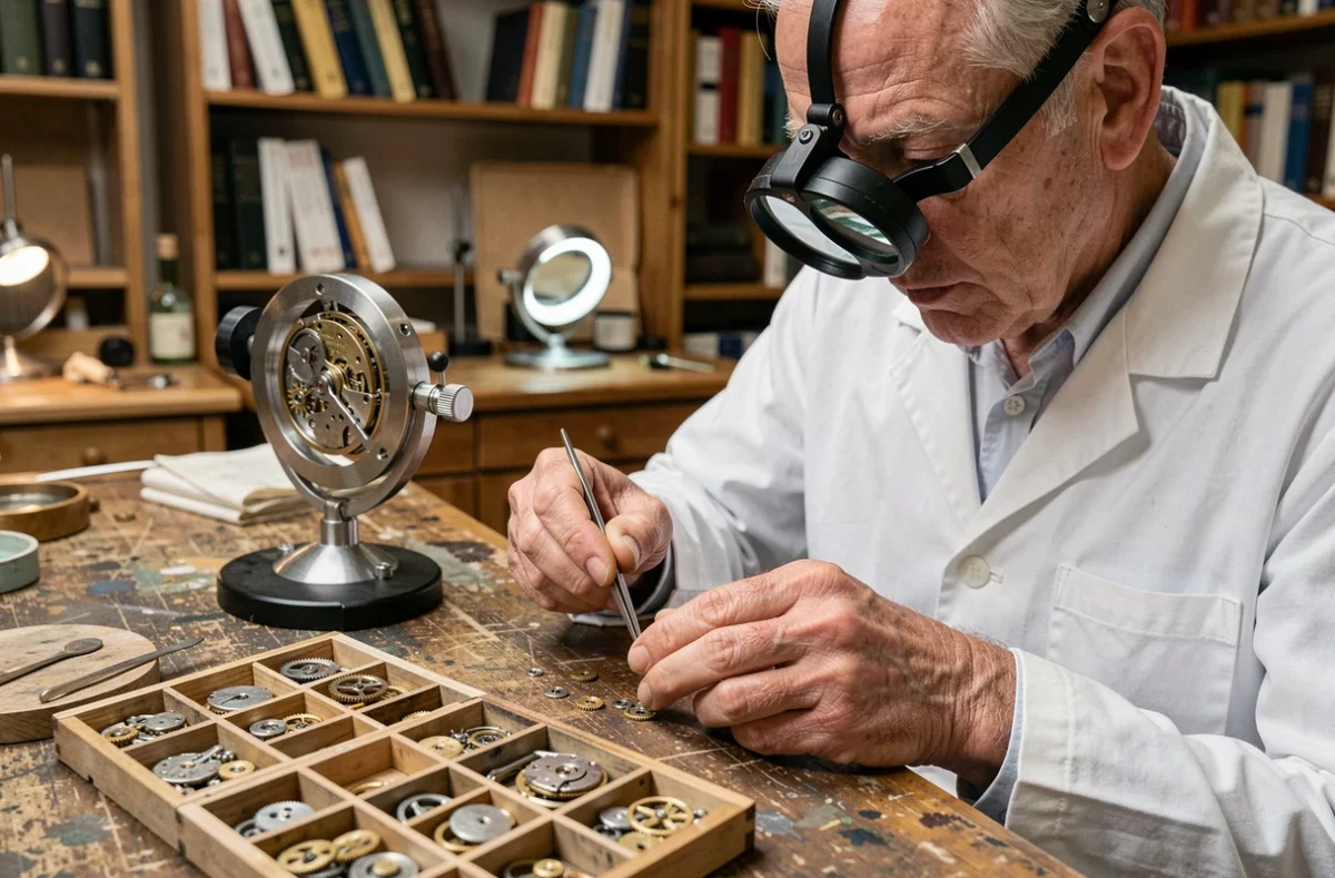 Maître horloger assemblant un mouvement de montre de haute horlogerie dans un atelier suisse d'une manufacture du groupe Richemont