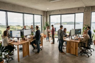 Agence de consultants SEO dans le Morbihan avec vue sur la côte bretonne et équipe travaillant sur des tableaux de bord analytiques