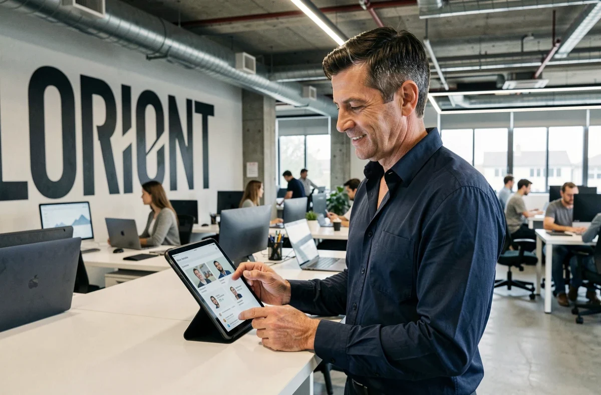 Recruteur de l'agence Menco à Lorient consultant des profils candidats sur tablette dans un open space moderne