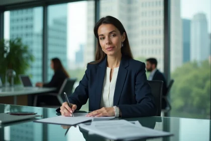 Femme cadre en blazer marine analysant des documents financiers dans un bureau moderne avec vue sur la ville, illustrant les métiers les mieux rémunérés en 2026