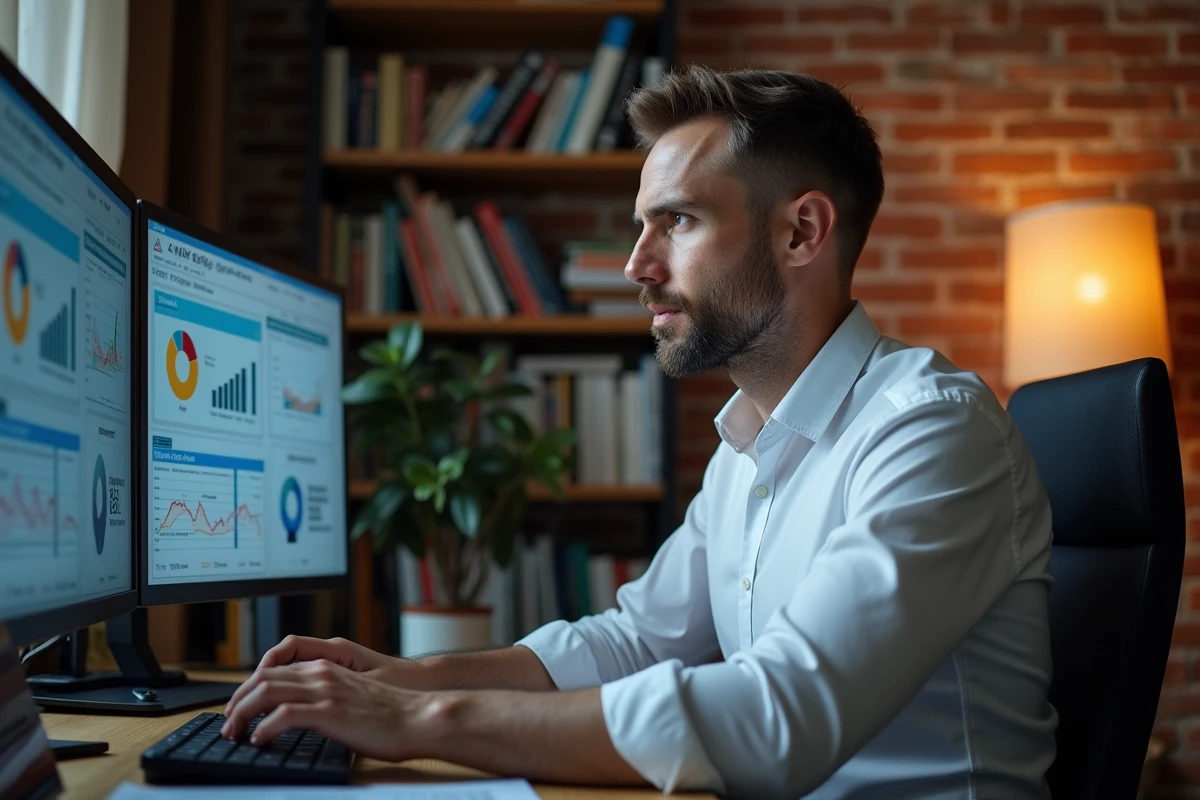 Homme travaillant sur des tableaux de bord de comparaison de salaires dans un bureau à domicile moderne, symbolisant la recherche des métiers les plus lucratifs en 2026