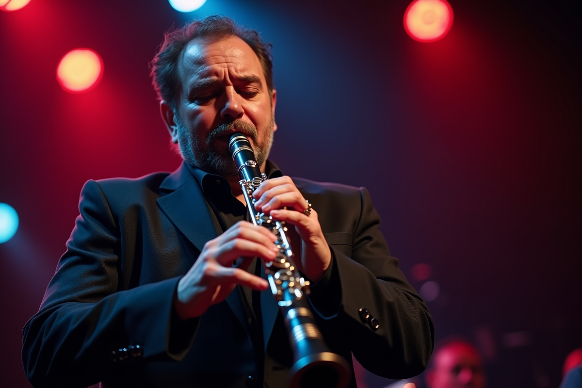 Musicien klezmer jouant de la clarinette sur scène en concert