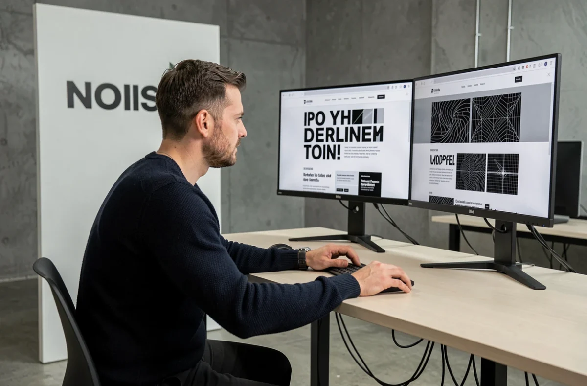 Designer UX de l'agence NOIISE concentré sur des maquettes web typographiques en noir et blanc sur deux écrans