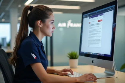 Nouvelle salariée Air France en uniforme naviguant sur l'intranet de l'entreprise depuis son poste de travail en bureau moderne