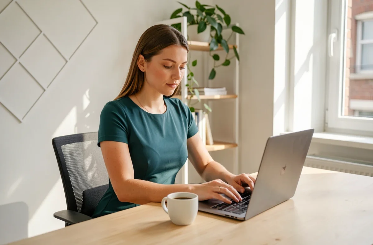 Consultante d'Opti-CV à Vannes travaillant sur l'optimisation d'un CV candidat dans un espace de travail moderne et lumineux