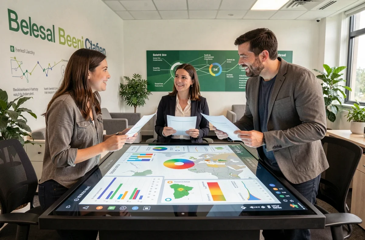 Équipe de consultants SEO d'Optimize 360 autour d'une table tactile avec tableau de bord de stratégie digitale