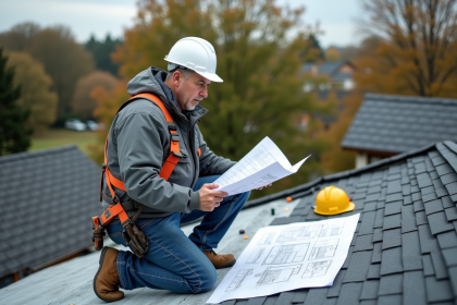 Ouvrier en chantier examinant des plans de construction