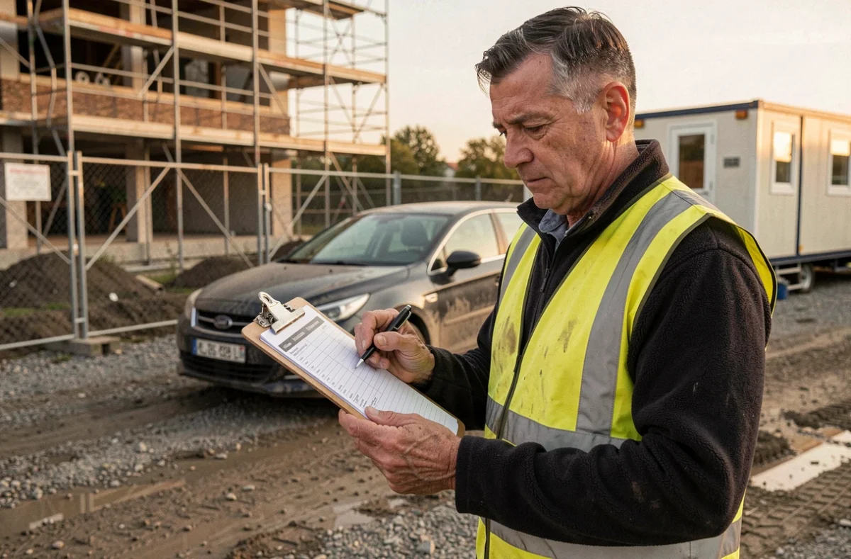 Ouvrier de chantier consultant son planning de travail à l'entrée d'un site de construction en début de journée