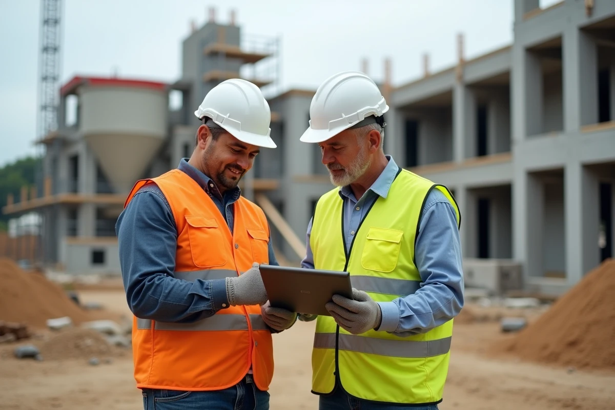 Deux ouvriers du bâtiment consultant ensemble un devis numérique sur tablette en plein chantier de construction