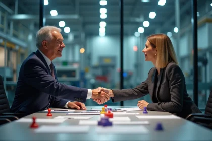 Deux dirigeants industriels signant un partenariat fournisseur avec des figurines Playmobil colorées sur la table de réunion