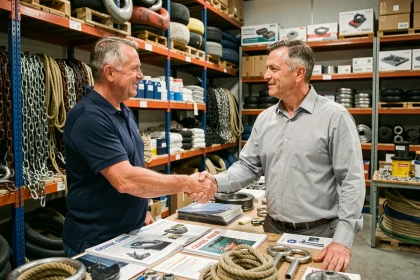 Deux professionnels de l'industrie nautique se serrant la main dans un entrepôt de shipchandler, symbolisant un partenariat durable entre shipchandler et constructeur