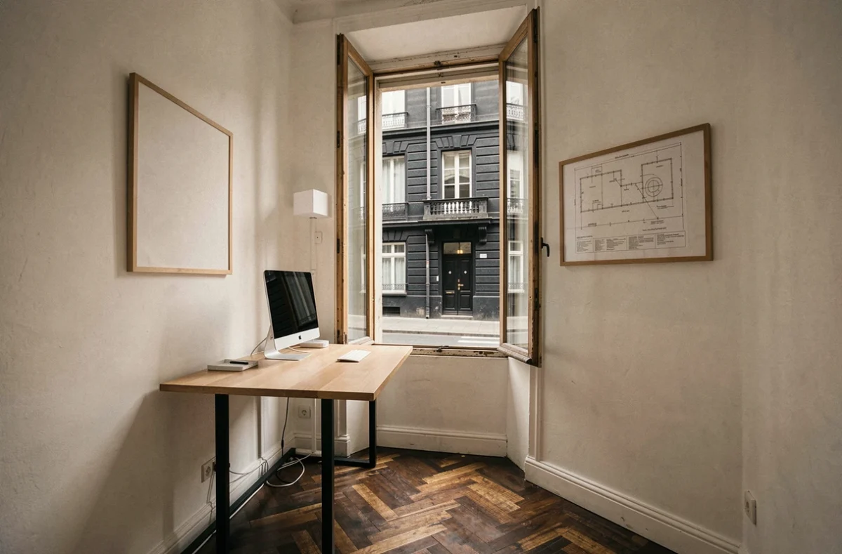 Petit bureau privé à louer dans un immeuble haussmannien du centre-ville de Clermont-Ferrand avec parquet ancien et vue sur rue