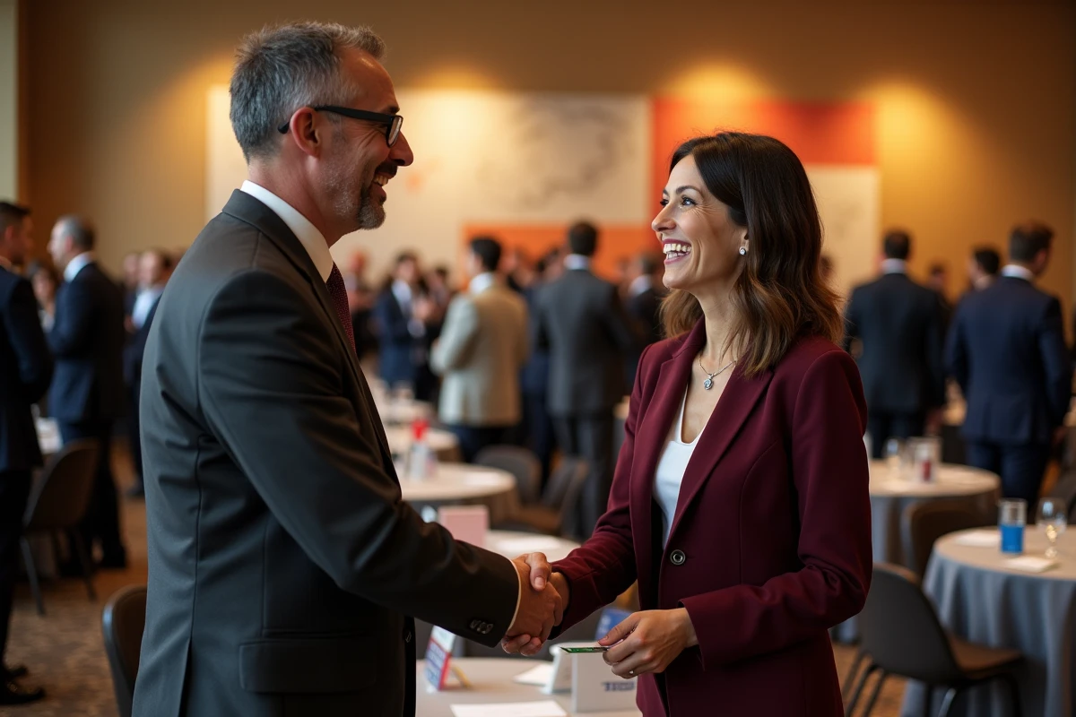 Deux professionnels échangeant une poignée de main lors d'un événement de networking B2B en entreprise