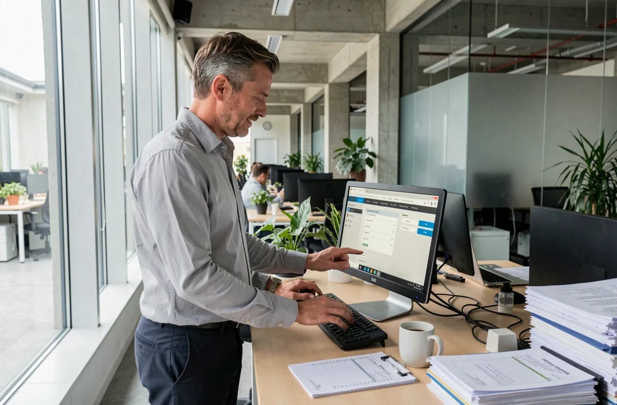 Employé de bureau saisissant ses heures de travail dans un logiciel de pointage dans un open space moderne