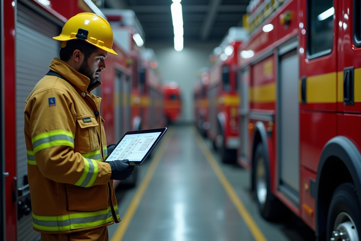 Un pompier avec une tablette devant les véhicules de secours