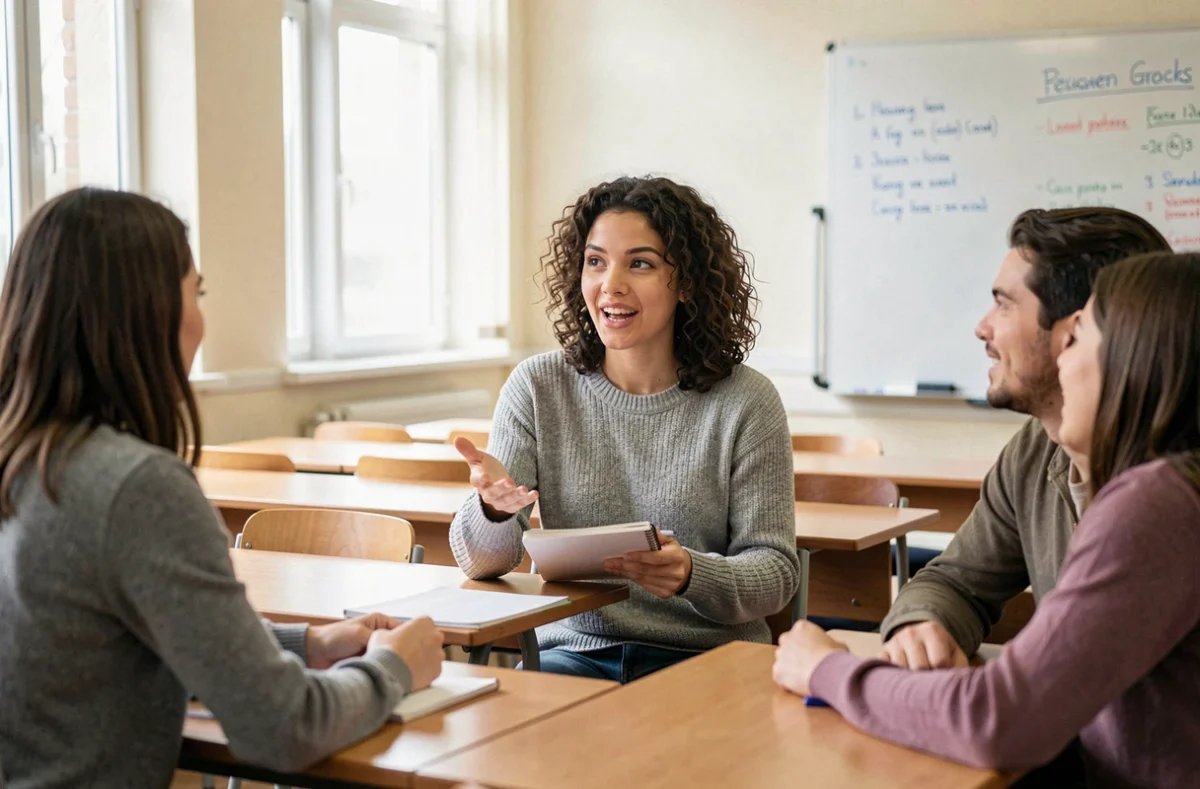 Jeune femme prenant la parole devant ses pairs dans une salle de cours universitaire, représentant la communication au sein d'un groupe d'étudiants